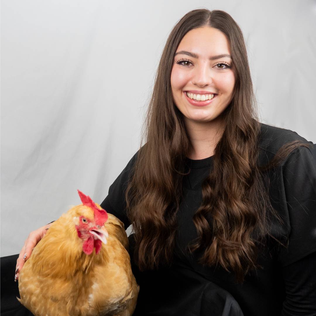 Rebecca with pet chicken
