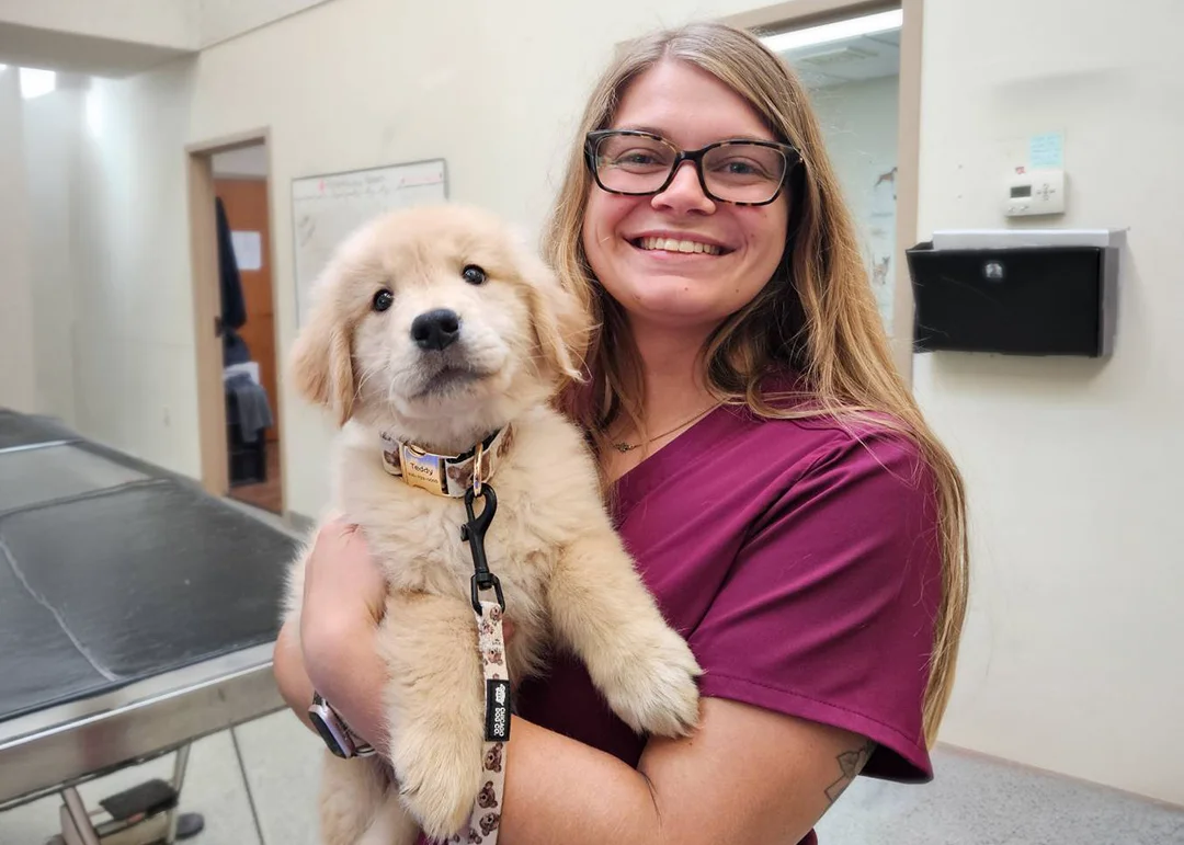 A vet smiles while holding a fluffy puppy
